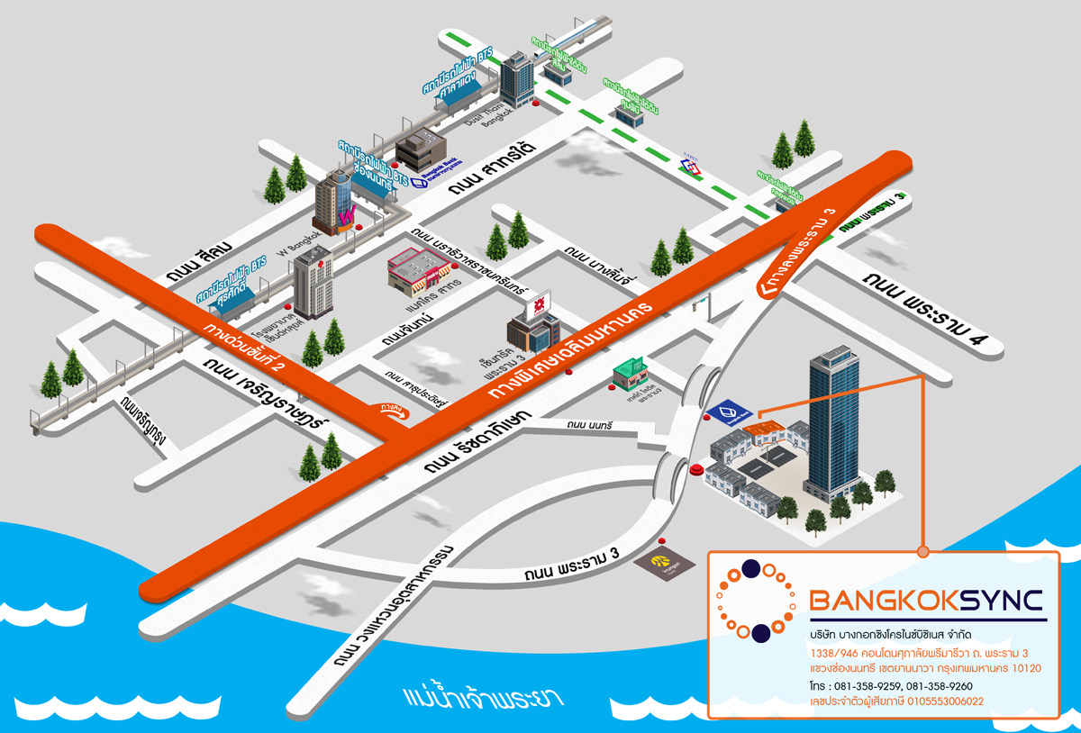 แผนที่แสดงเส้นทางไปยังสำนักงาน BangkokSync ถนนพระราม 3