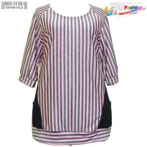 เสื้อยืดผ้านิ่มลายริ้วตัวยาว แต่งกระเป๋าข้างลำตัว ชายจั๊ม